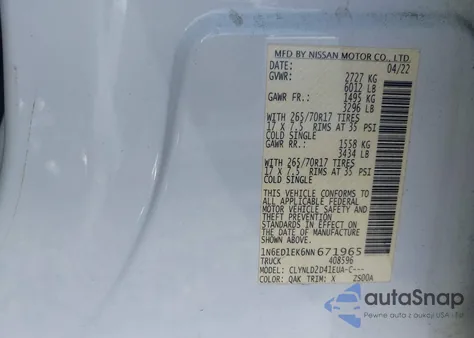 2022 Nissan Frontier Pro-4X 4X4 z USA, uszkodzony, nr VIN 1N6ED1EK6NN671965